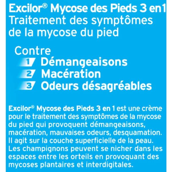 Excilor Mycose des Pieds 3 en 1 Crème - Traite les mycoses en 7 jours, soulage les démangeaisons, réduit les odeurs