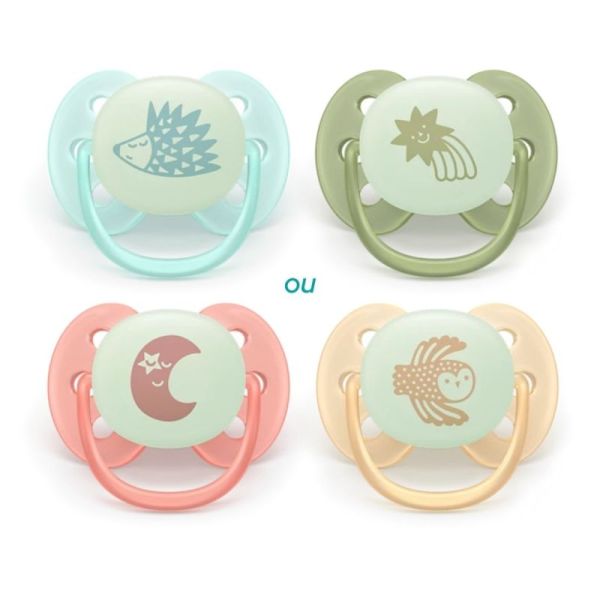 Philips Avent Ultra Soft Nighttime Lot de 2 Sucettes Phosphorescentes 0-6 Mois - Motifs et coloris aléatoires