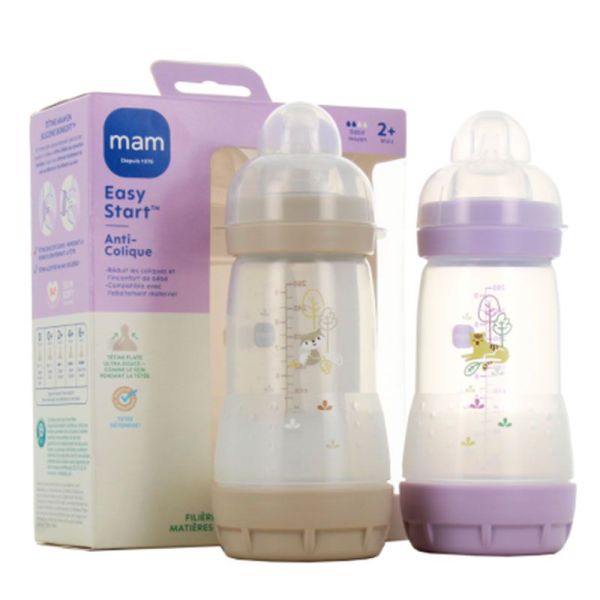 Mam Easy Start Lot de 2 Biberons Anti Colique - Débit Moyen - Âge 2 mois et + - 2x260ml - Couleur : Sable + Lilas