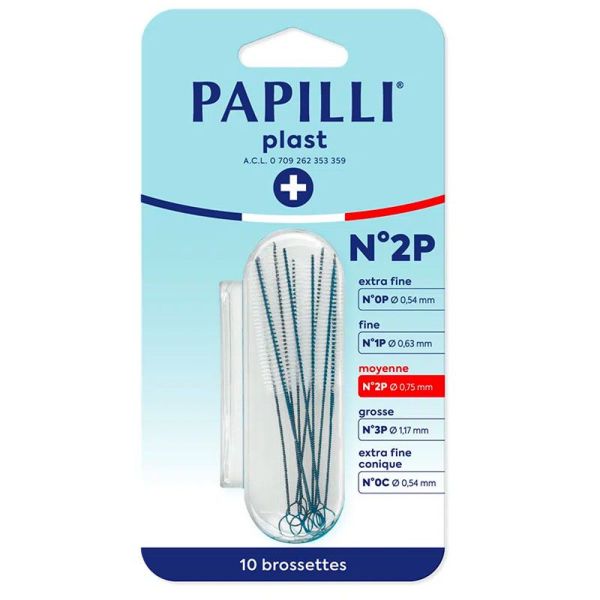 Papilli Plast Brossette Interdentaire - N°2P - Moyenne - 0,75mm - Souple et Sans Plastique - Lot de 10