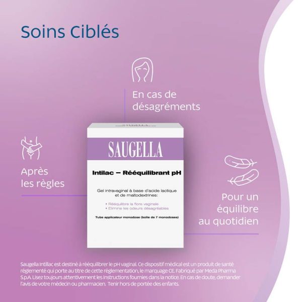 Saugella Intilac Rééquilibrant pH - Gel Intravaginal - Rééquilibre la Flore Vaginale - 7 Monodoses de 5 ml