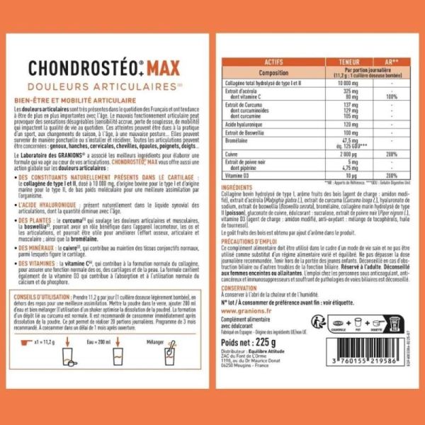 Granions Chondrostéo Max Collagène Poudre 225 g – Confort articulaire au quotidien
