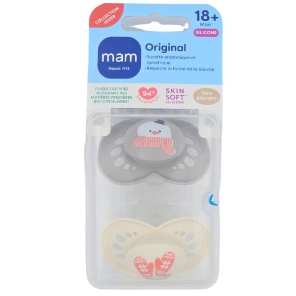 MAM Original 18+ mois Sucettes Silicone Collection Hiver Lot de 2 coloris aléatoire - Respect de la forme de la bouche