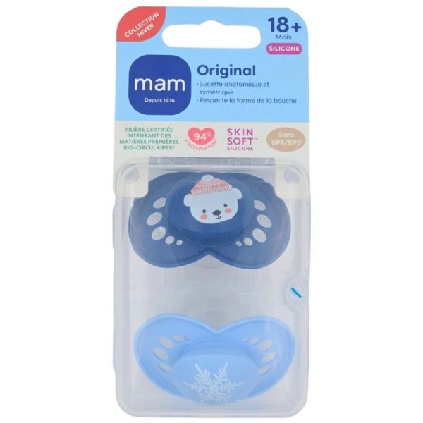 MAM Original 18+ mois Sucettes Silicone Collection Hiver Lot de 2 coloris aléatoire - Respect de la forme de la bouche