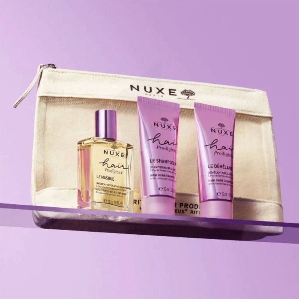 Nuxe Hair Prodigieux Trousse - Masque Nutrition 30ml + Shampooing Brillance 30ml + Démêlant Brillance 30ml + Trousse OFFERTE