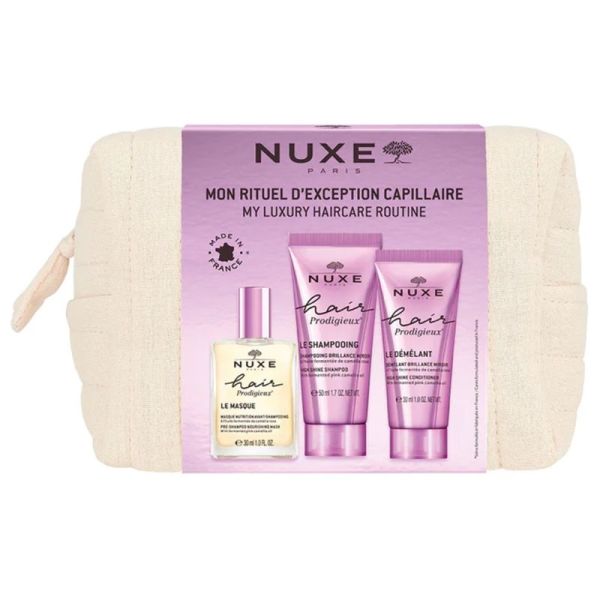 Nuxe Hair Prodigieux Trousse - Masque Nutrition 30ml + Shampooing Brillance 30ml + Démêlant Brillance 30ml + Trousse OFFERTE