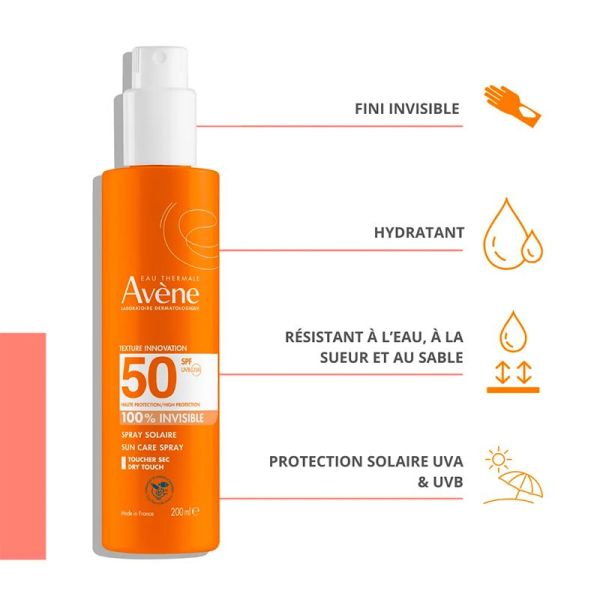 Avène Solaire Spray Solaire 100% Invisible Peaux Sensibles SPF50 - 200ml - Fraîche, légère et invisible
