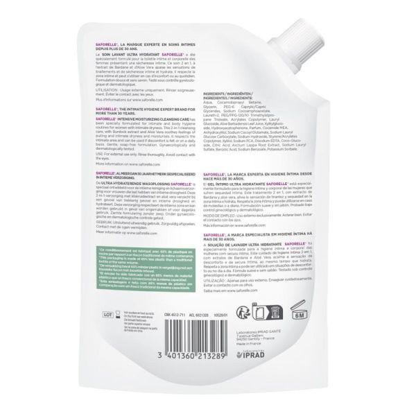 Saforelle Soin Lavant Ultra Hydratant Recharge 400 ml - Hygiène intime et corporelle peaux sèches et sensibles