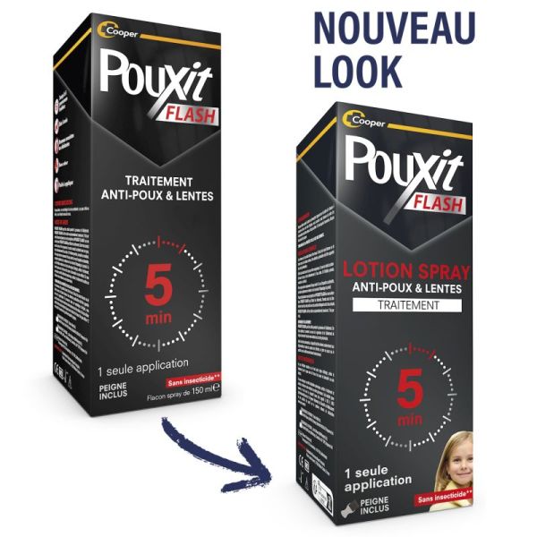 Pouxit Flash Traitement Anti-Poux et Lentes - 150ml - Lotion Spray, une seule application, peigne inclus