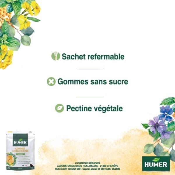 HUMER Gommes Gorge Irritée Menthe-Eucalyptus Sans Sucre 30 gommes - Apaisement de la gorge et facilitation de la respiration