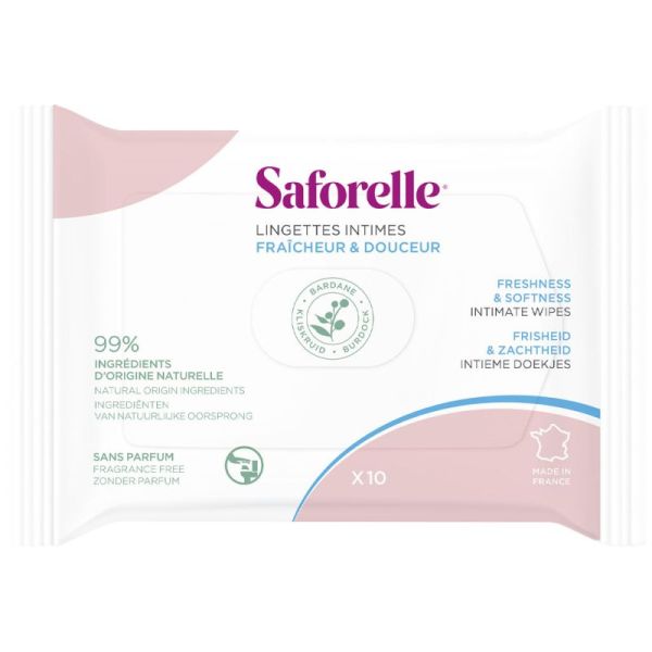 Saforelle Lingettes Intimes Ultra Douces x10 (Pocket) - Lingettes biodégradables apaisantes à la Bardane