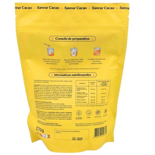 Bonjour Boisson Saveur Cacao 45 portions - Complément alimentaireà base de lion's mane, chaga et cordyceps