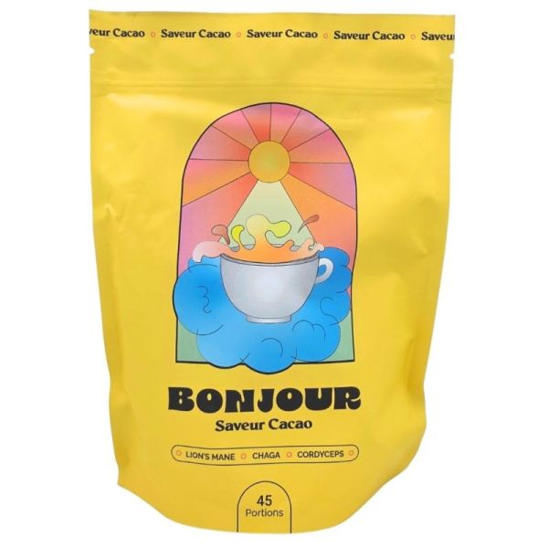 Bonjour Boisson Saveur Cacao 45 portions - Complément alimentaireà base de lion's mane, chaga et cordyceps