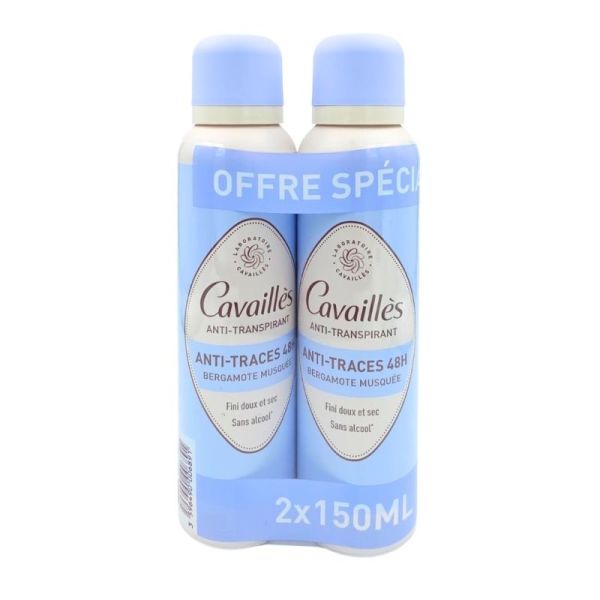 Cavaillès Anti-traces 48H Déodorant Anti-transpirant Spray - Lot de 2 -Parfum Bergamote musquée -