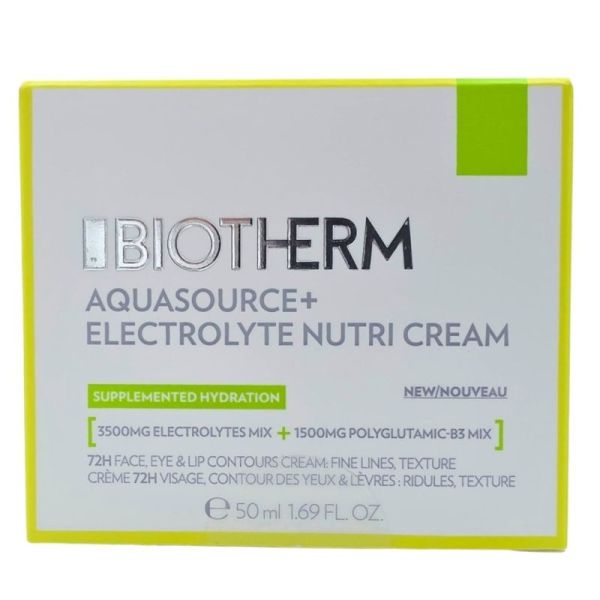 Biotherm Aquasource+ Electrolyte Nutri Cream 50 ml - Crème Hydratante 72H Visage, Yeux et Lèvres