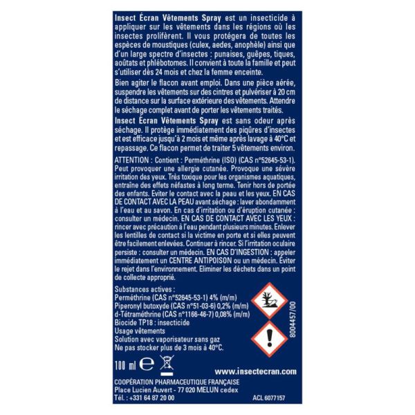 Insect Ecran Spray Anti-Moustiques Vêtements - 100ml - Protection longue durée sur les textiles