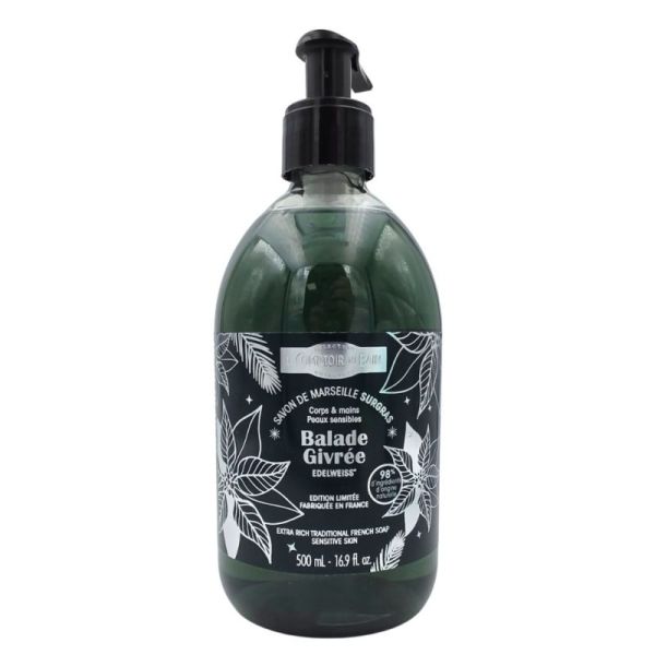 Le Comptoir du Bain Savon de Marseille Surgras Extra-Doux Balade Givrée Edelweiss 500 ml - Nettoyage doux corps et mains