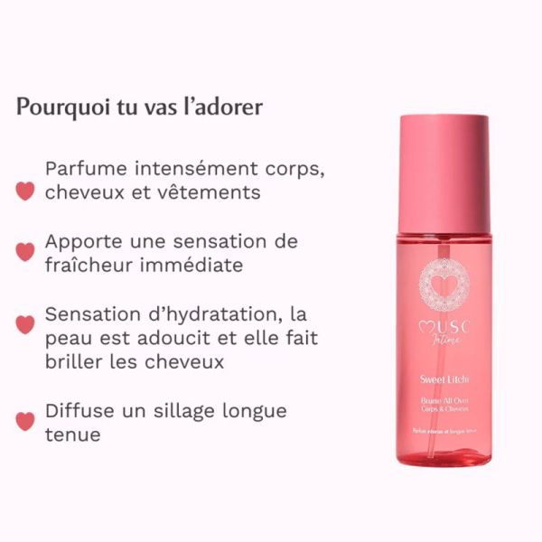 Musc Intime Brume All Over Corps & Cheveux au Sweet Litchi Flacon 100 ml – Voile fruité et hydratation