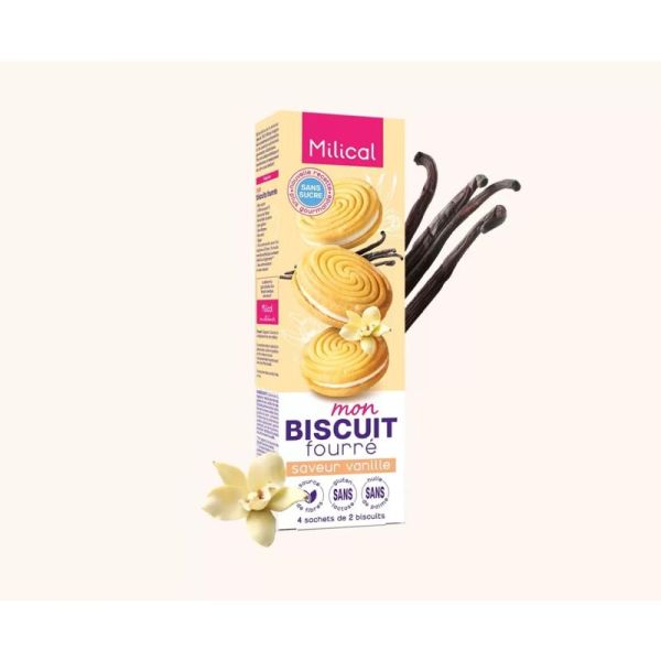 Milical Biscuits Fourrés Saveur Vanille - 4 sachets de 2 biscuits diététiques sans sucres ajoutés