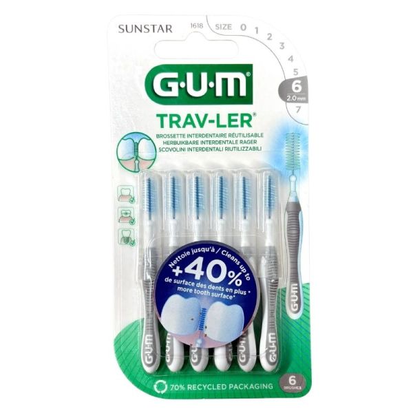 Gum Brossettes interdentaires Trav-Ler - Pack de 6 brossettes - Taille 6 : 2 mm - Nettoyage précis