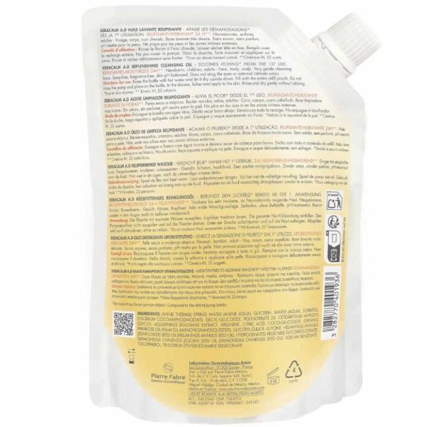 Avène XeraCalm A.D Huile Lavante Relipidante - Eco recharge 400 ml – nettoyage apaisant anti-démangeaisons