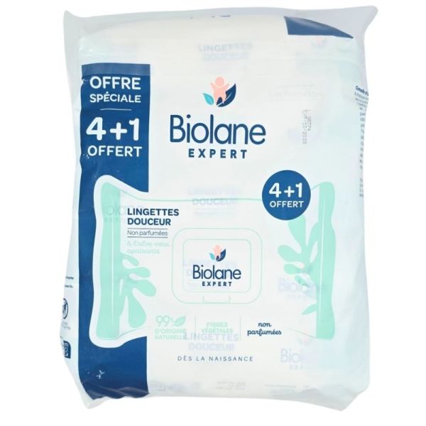 Biolane Expert Lingettes Douceur Non Parfumées à l'aloe vera apaisante Offre Spéciale 4+1 Offert - Nettoie et protège la peau de bébé dès la naissance