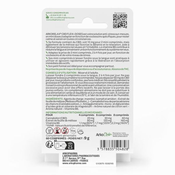 Arkopharma Arkorelax CBD Flexi-Doses - 60 Mini Comprimés Sublingaux
