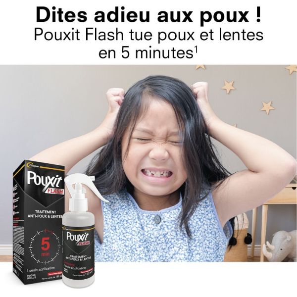 Pouxit Flash Anti-Poux et Lentes Spray - 2 x 150 ml - OFFRE SPÉCIALE - Élimination rapide en 5 minutes