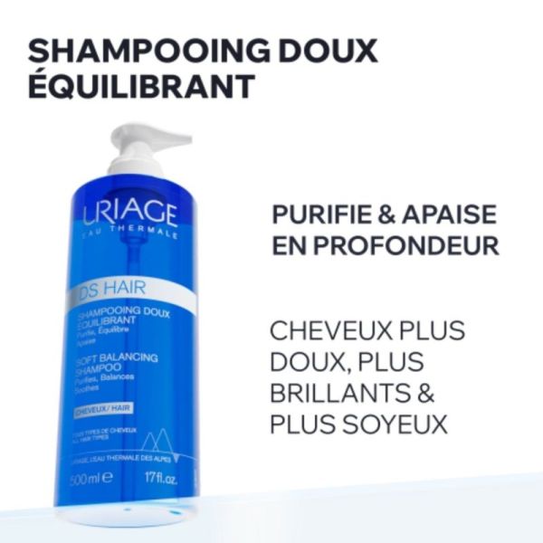 Uriage DS Hair Shampooing Doux Équilibrant 2x500ml - Purifie, équilibre et apaise le cuir chevelu sensible