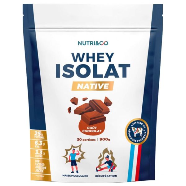 Nutri&Co Whey Isolat Native - 900 g - Goût : Chocolat - Ultra pure, hautement concentrée et assimilable