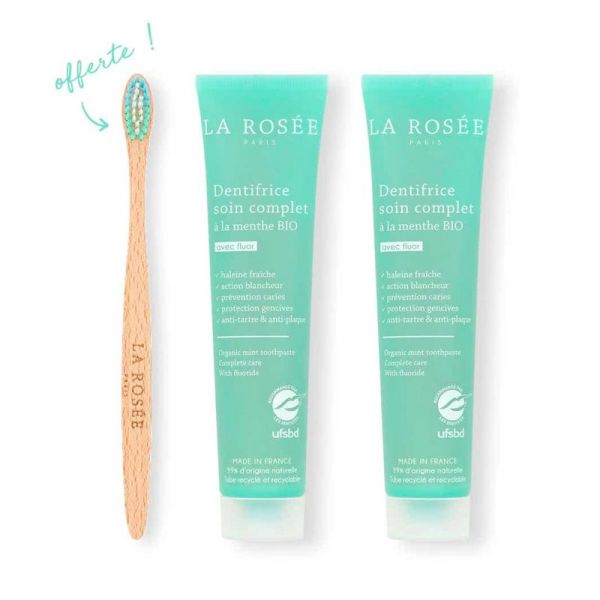 La Rosée Dentifrice Soin Complet - Menthe Bio - Kit de 2 Dentifrices de 75ml + 1 Brosse à Dents