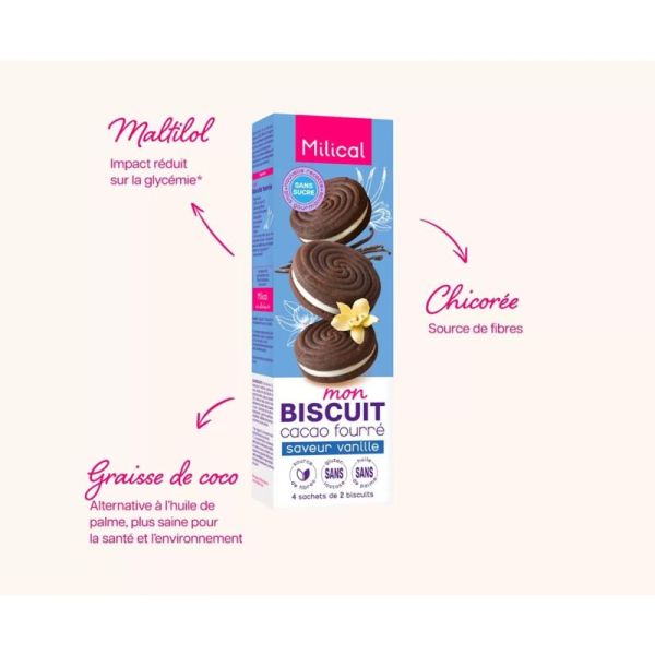 Milical Biscuits Fourrés Cacao Saveur Vanille - 4 sachets de 2 biscuits diététiques sans sucres ajoutés