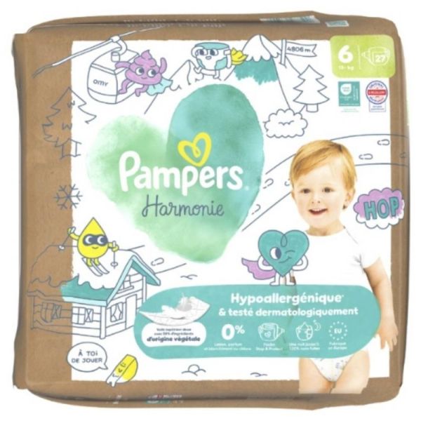 Pampers Harmonie Couches Taille 6 + de 13kg - 27 couches – Peaux sensibles et 12h au sec