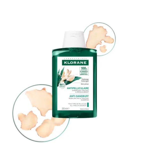 Klorane Galanga Shampoing Traitant et Rééquilibrant 200 ml - Elimine jusqu'à 100% des pellicules dès la 1ère application