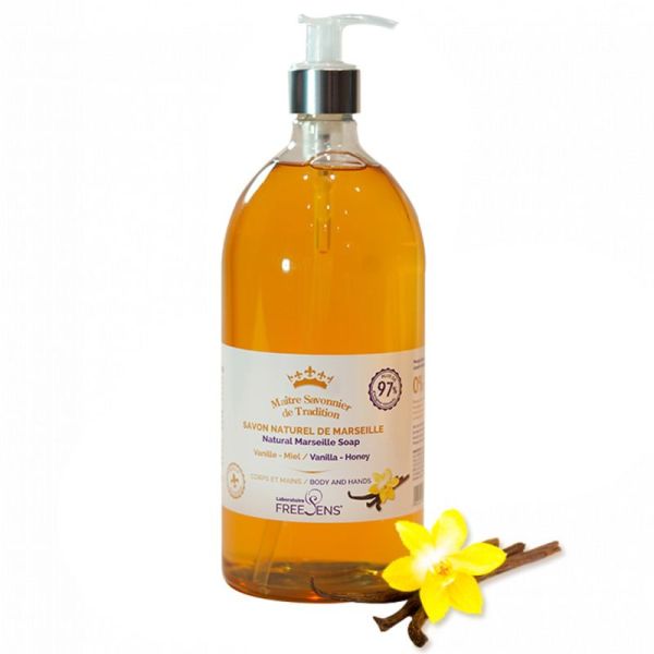 Freesens Savon Liquide de Marseille - Vanille-Miel - 1L - Nettoie en douceur et hydrate la peau