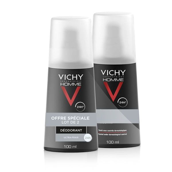 Vichy Homme Déodorant Ultra-Frais 24H Spray - Lot de 2 x 100 ml - Peaux Sensibles