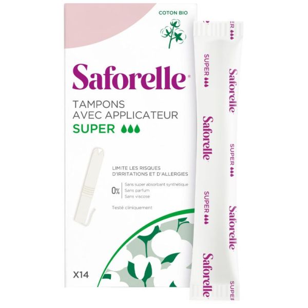 Saforelle Tampons avec Applicateur en Coton Bio - Absorption super, 14 unités - Limite les risques d'irritations et d'allergies