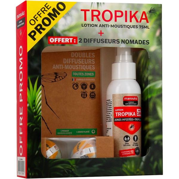 Manouka Tropika Répulsif Anti-Moustiques - 75 ml + 2 diffuseurs Nomades OFFERTS - Protection jusqu’à 11h