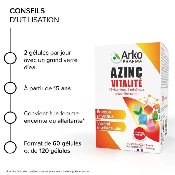 Arkopharma Azinc Adulte Vitalité Zinc 60 Gélules – Vitamines C et E
