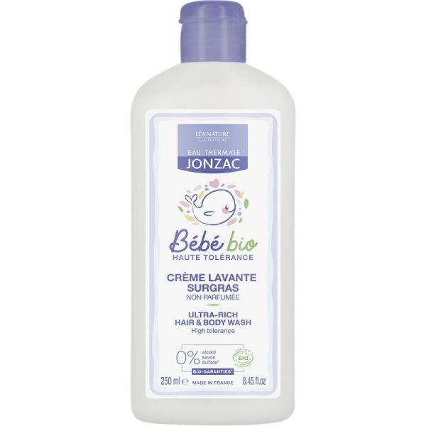 Eau Thermale Jonzac Bébé Crème Lavante Surgras Bio - 250 ml - Nettoie, protège et hydrate