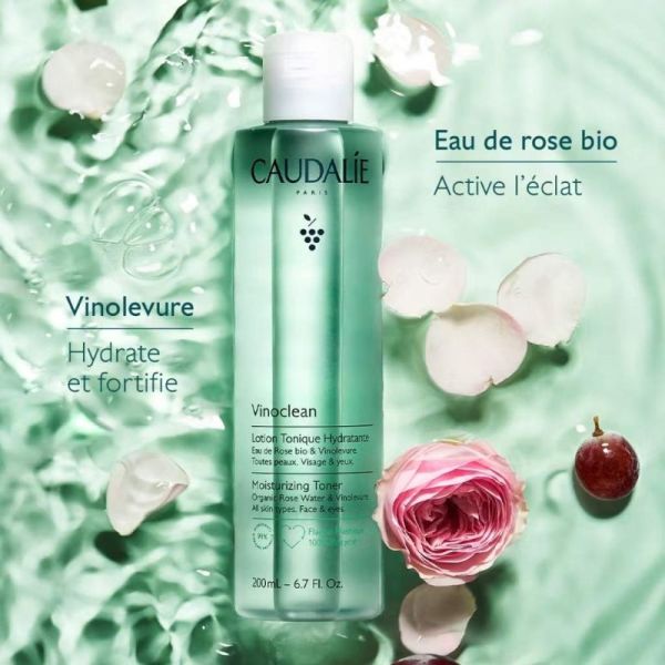 Caudalie Vinoclean Lotion Tonique Hydratante à l'Eau de Rose Bio 400ml - Tonifie, hydrate et parfait le démaquillage sans alcool