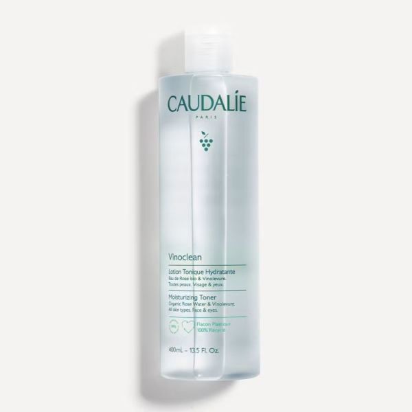 Caudalie Vinoclean Lotion Tonique Hydratante à l'Eau de Rose Bio 400ml - Tonifie, hydrate et parfait le démaquillage sans alcool