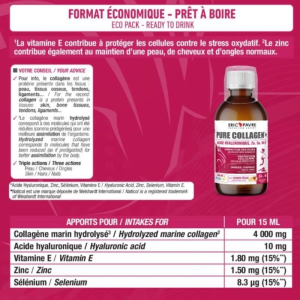Eric Favre Pure Collagen+ Formule Liquide Pêche Citron 500 ml - Raffermit la peau et hydrate en profondeur