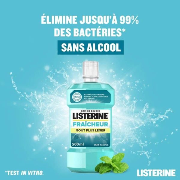 Listerine Bain de Bouche Fraîcheur Goût Plus Léger 500ml - Sans alcool, rafraîchit l'haleine, élimine jusqu'à 99% des bactéries