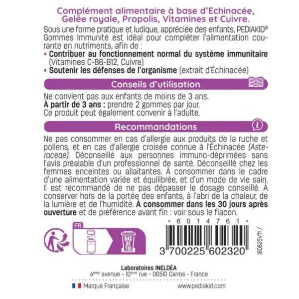 Pédiakid Gommes Immunité 60 gommes – Soutien des défenses de l'organisme