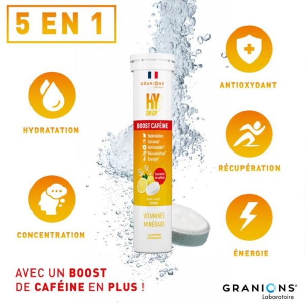 Granions Hydrop Boost Caféine Citron 20 Comprimés Effervescents – Hydratation et énergie