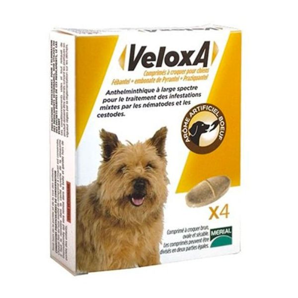 Veloxa Vermifuge Chien - Moins de 17,5kg - Goût Boeuf - Infestations Mixtes - 4 comprimés