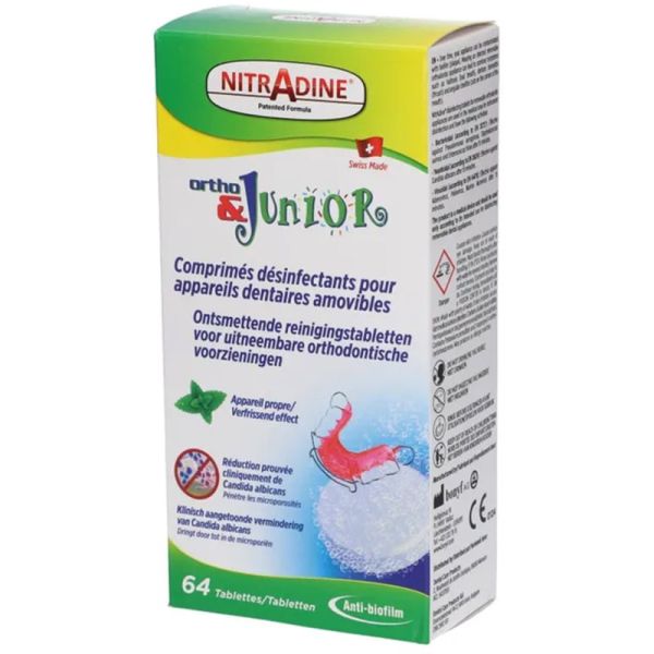 NitrAdine Ortho Junior Comprimés Désinfectants Et Nettoyants Anti-Candida Anti-Biofilm 64 Comprimés – Hygiène orthodontique