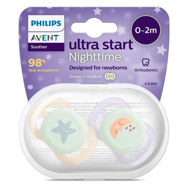 Avent Ultra Start Nuit - Sucettes Orthodontiques - 0/2 mois - Lot de 2 sucettes - Coloris Aléatoire