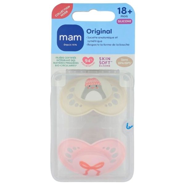 MAM Original 18+ mois Sucettes Silicone Collection Hiver Lot de 2 coloris aléatoire - Respect de la forme de la bouche